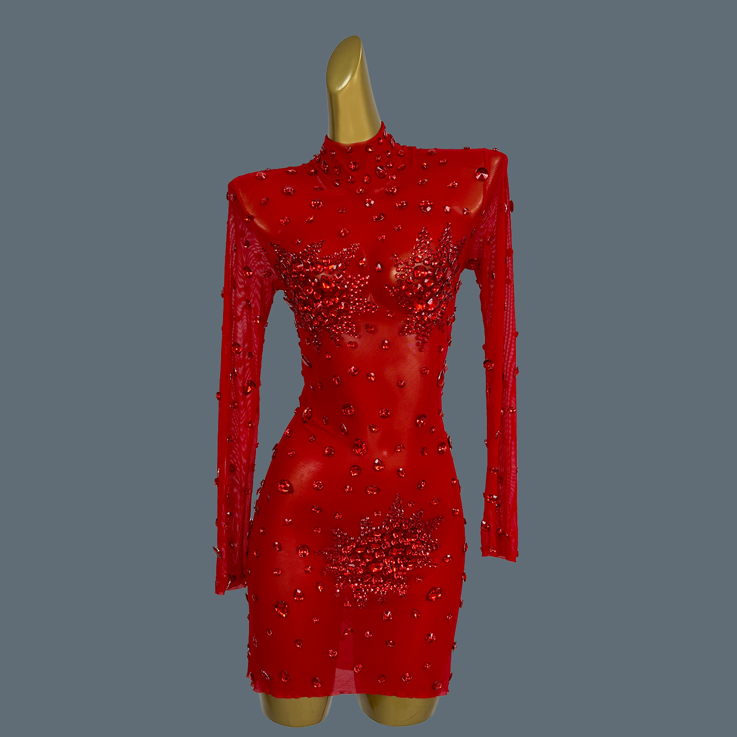 Sparkly Rhinestone Club Party Dress - Luxe Sexy Rode Steentjes Glinsterend Doorzichtig