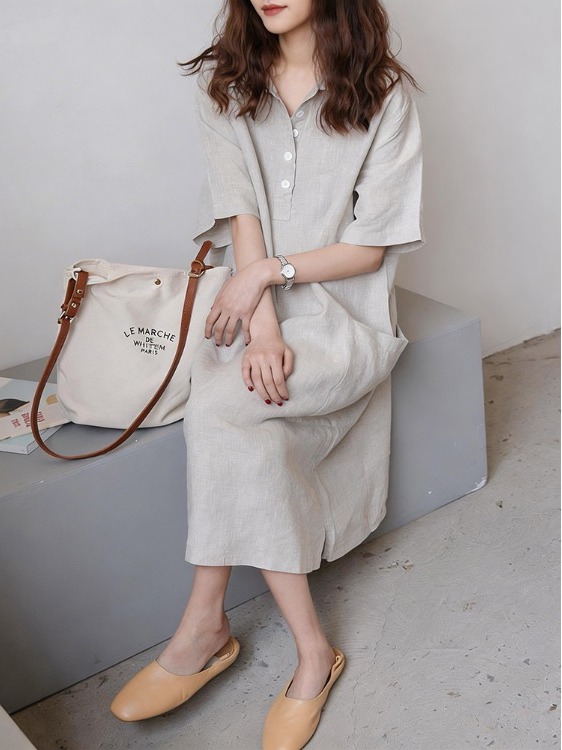 Casual Loose Linen Shirt Dress - Dames katoenen linnen overhemdjurk Casual zomer