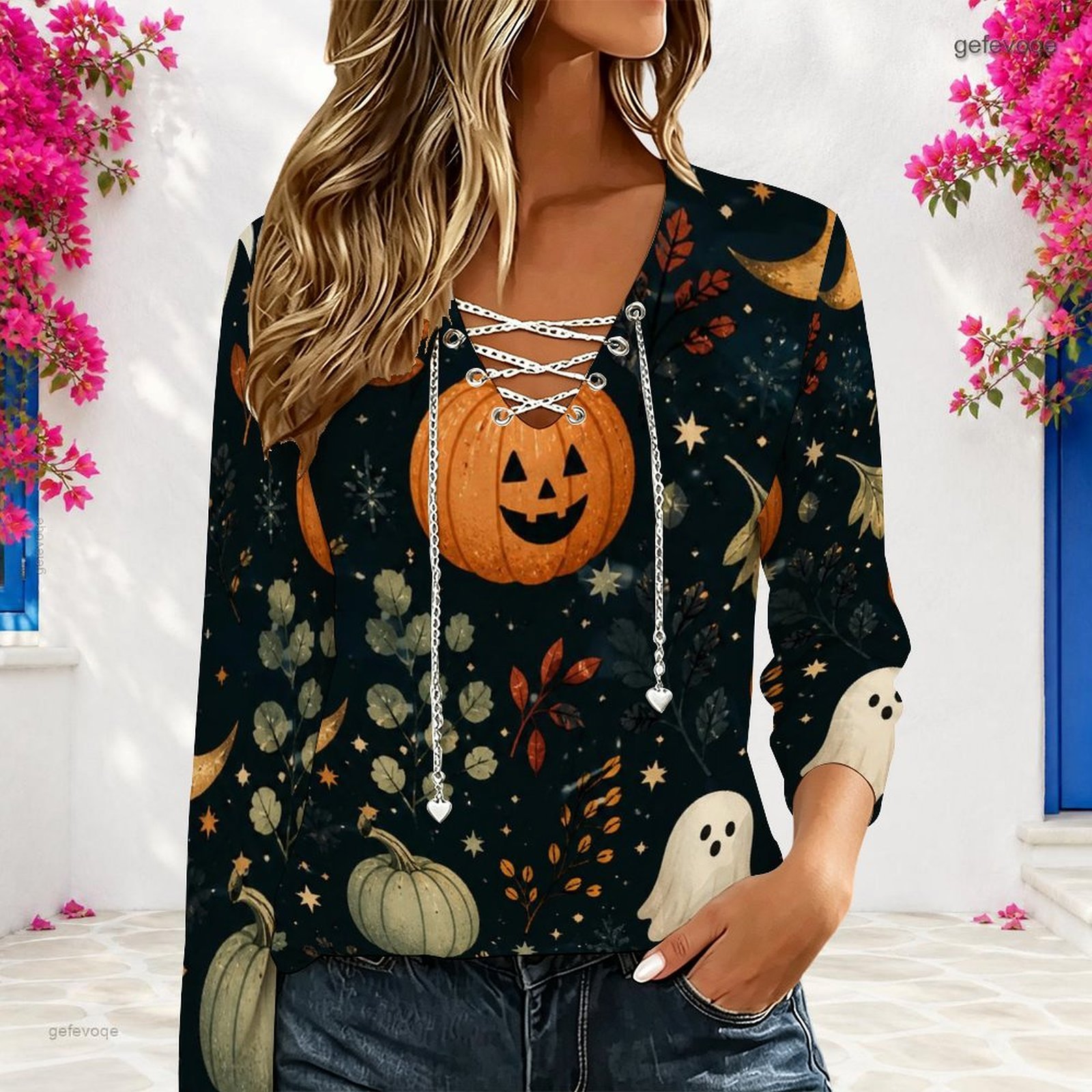 Blouses - Dames V-hals top met lange mouwen,