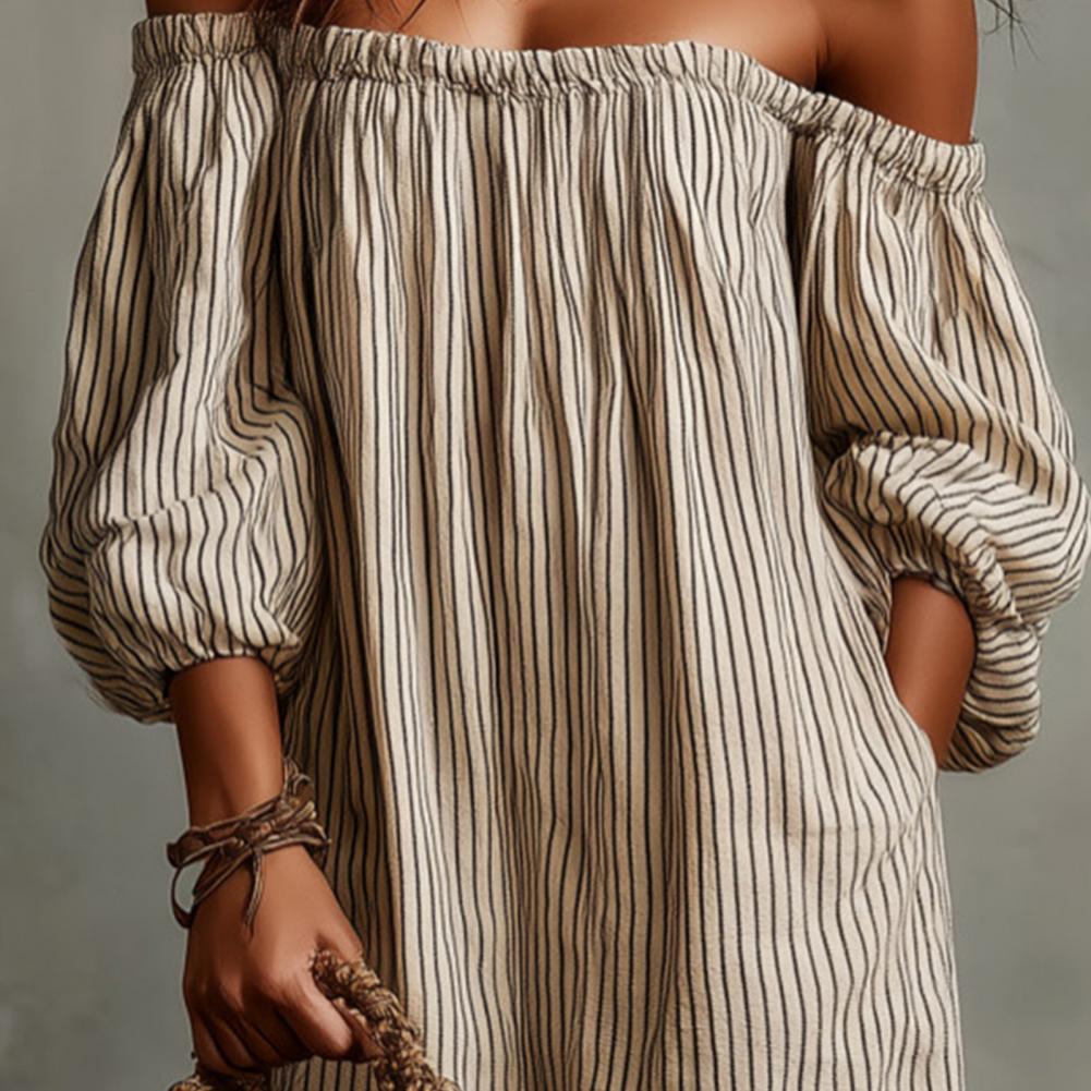 Off Shoulder Puff Sleeve Sundress - Lente Zomer Dames Off-shoulder Maxi-jurk Gestreepte