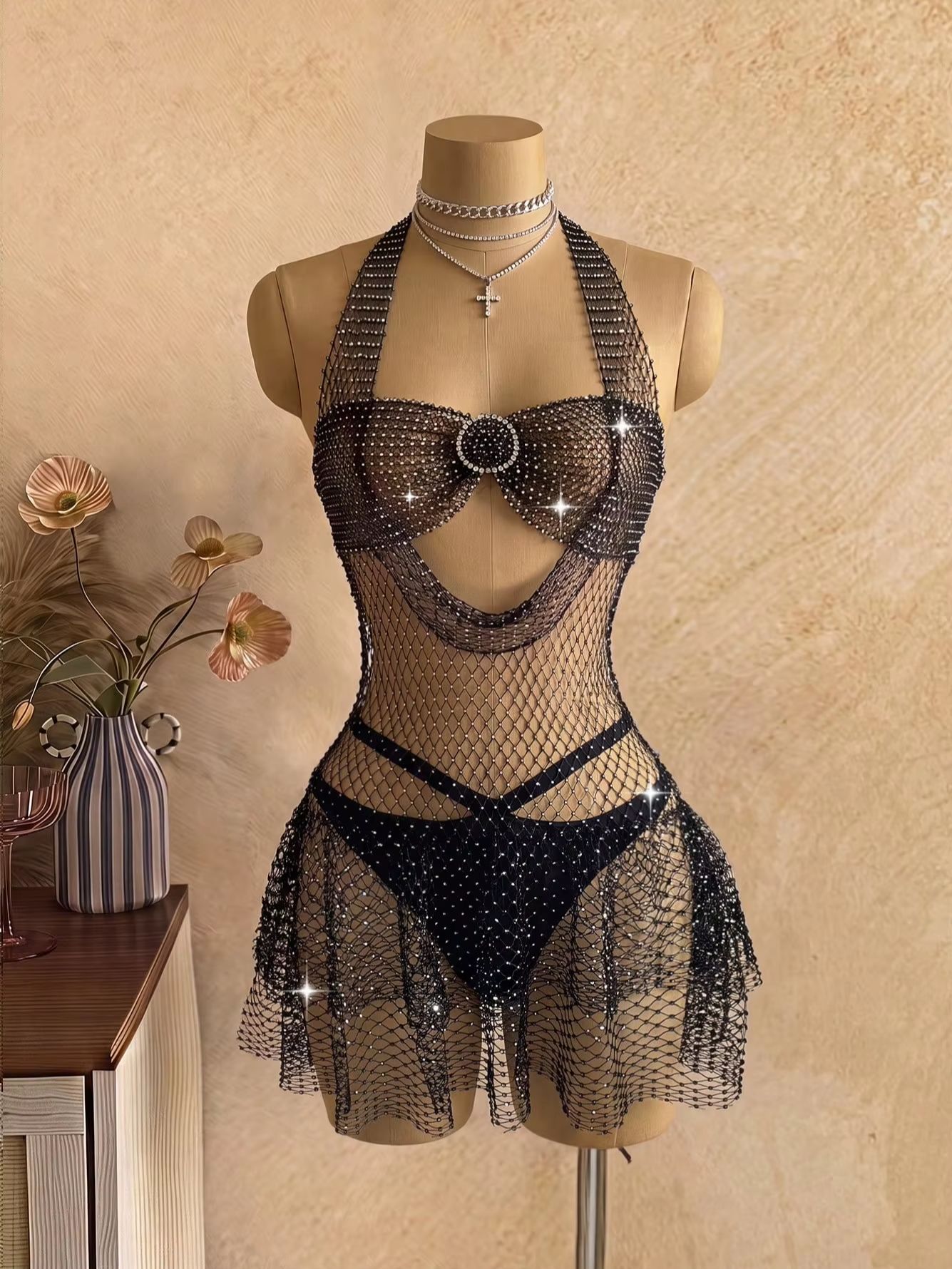 Sparkly Rhinestone Club Party Dress - Zwarte strass mesh halterjurk dames sexy