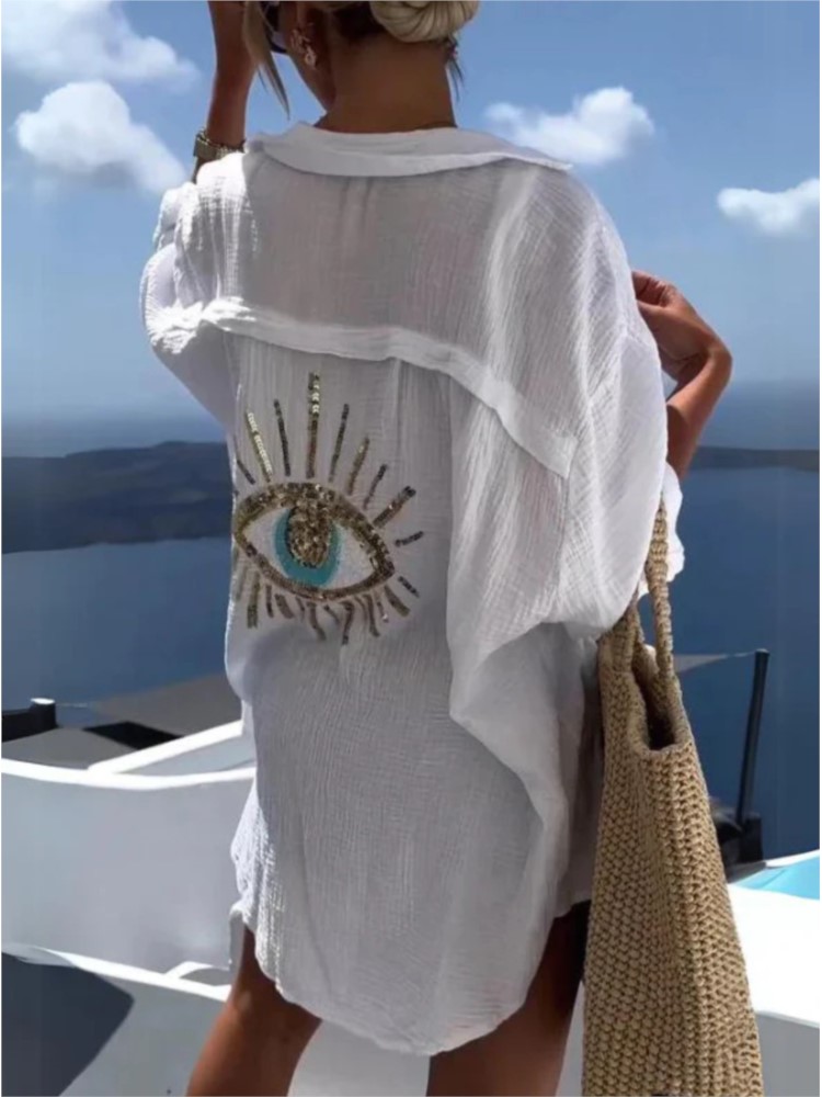 Casual Loose Linen Shirt Dress - Lente Zomer Casual Lovertjes Eye Shirt