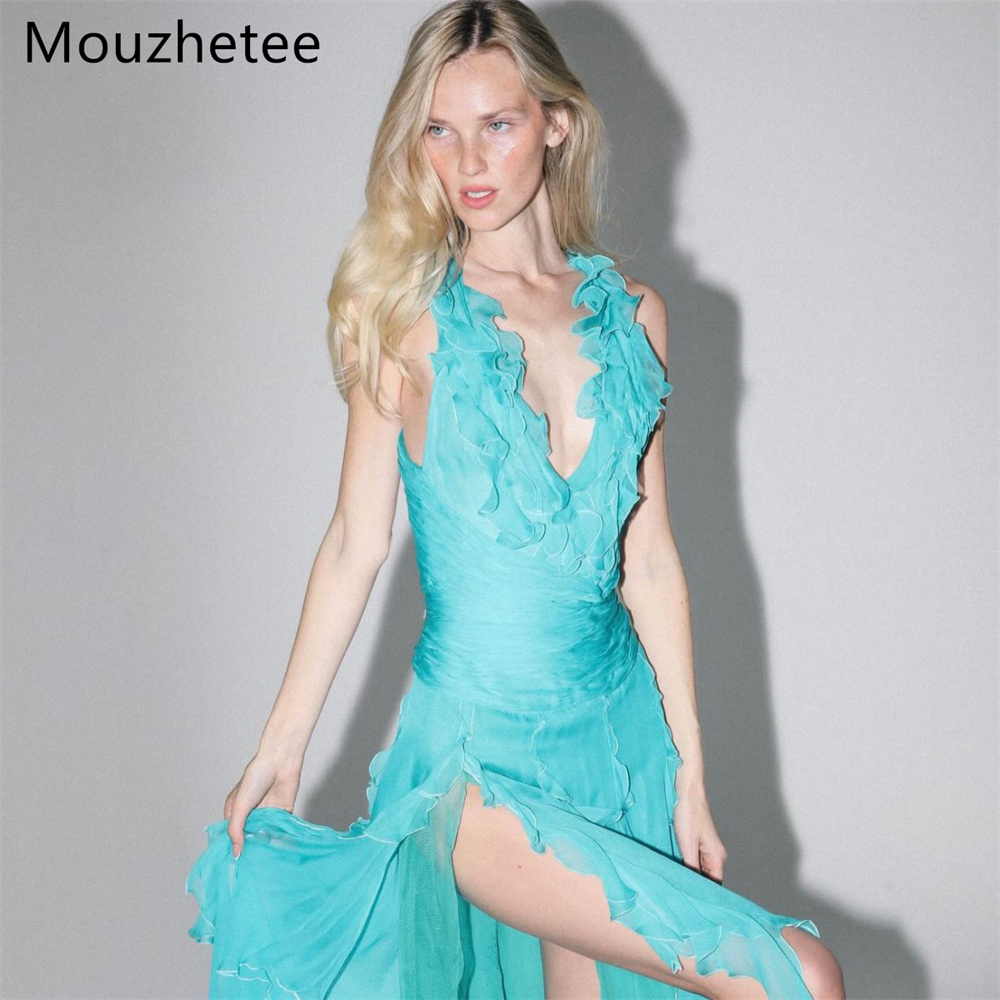 Elegant Satin Evening Gown Split - Mouzhetee Eenvoudige A-lijn V-hals Zijsplit Avondjurken