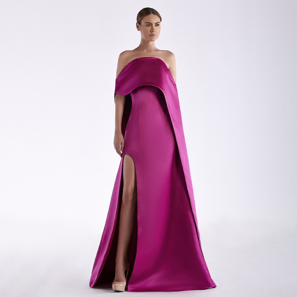 Elegant Satin Evening Gown Split - Fuchsia Satijnen Avondjurk Strapless Side Split