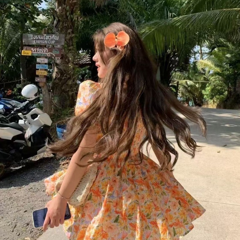 2026 nieuwe oranje bloemenprin - Off Shoulder Puff Sleeve Sundress recensie en prijs