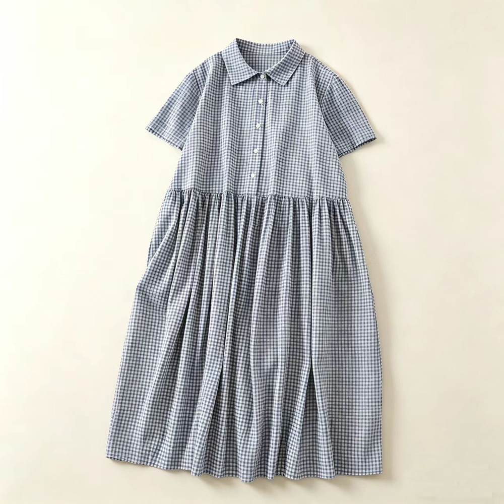 Blauwe geruite kraag midi-jurk - Casual Loose Linen Shirt Dress recensie en prijs