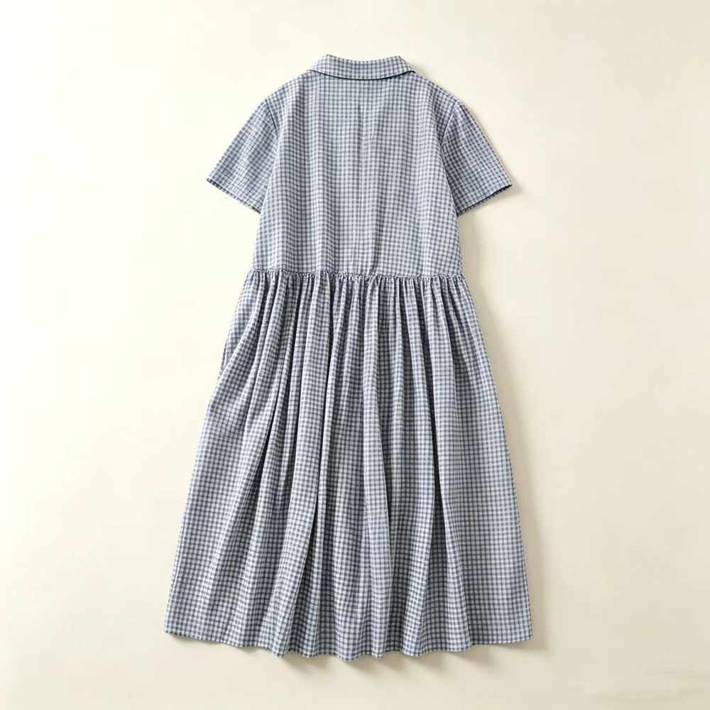 Blauwe geruite kraag midi-jurk - Casual Loose Linen Shirt Dress recensie en prijs