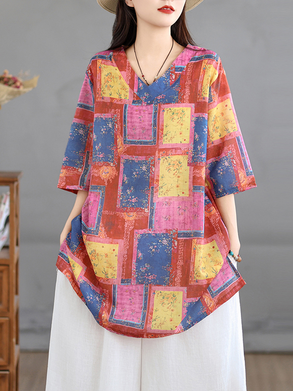 Casual linnen print top, vinta - Casual Loose Linen Shirt Dress recensie en prijs