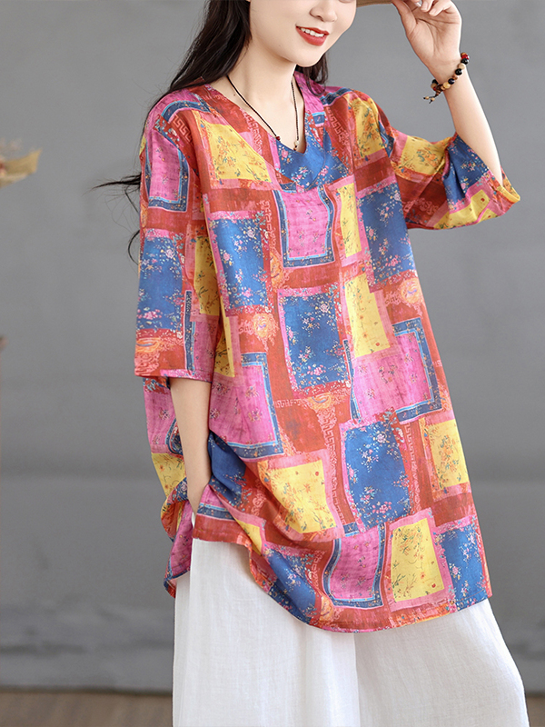 Casual linnen print top, vinta - Casual Loose Linen Shirt Dress recensie en prijs