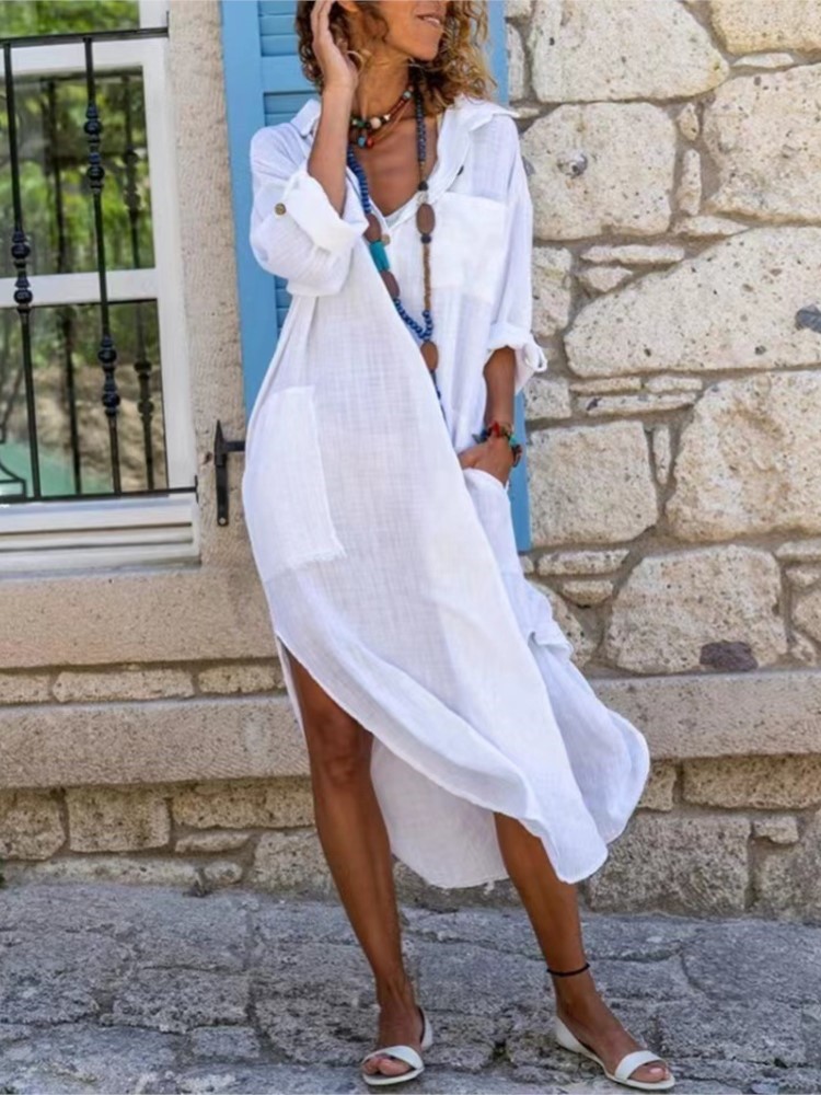 Witte damesoverhemdjurk effen  - Casual Loose Linen Shirt Dress recensie en prijs